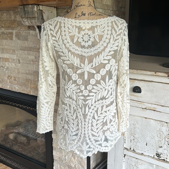 Anthro Meadow Rue cream Lace Grace long sleeve sheer shirt scoop neck scallops - Picture 10 of 16